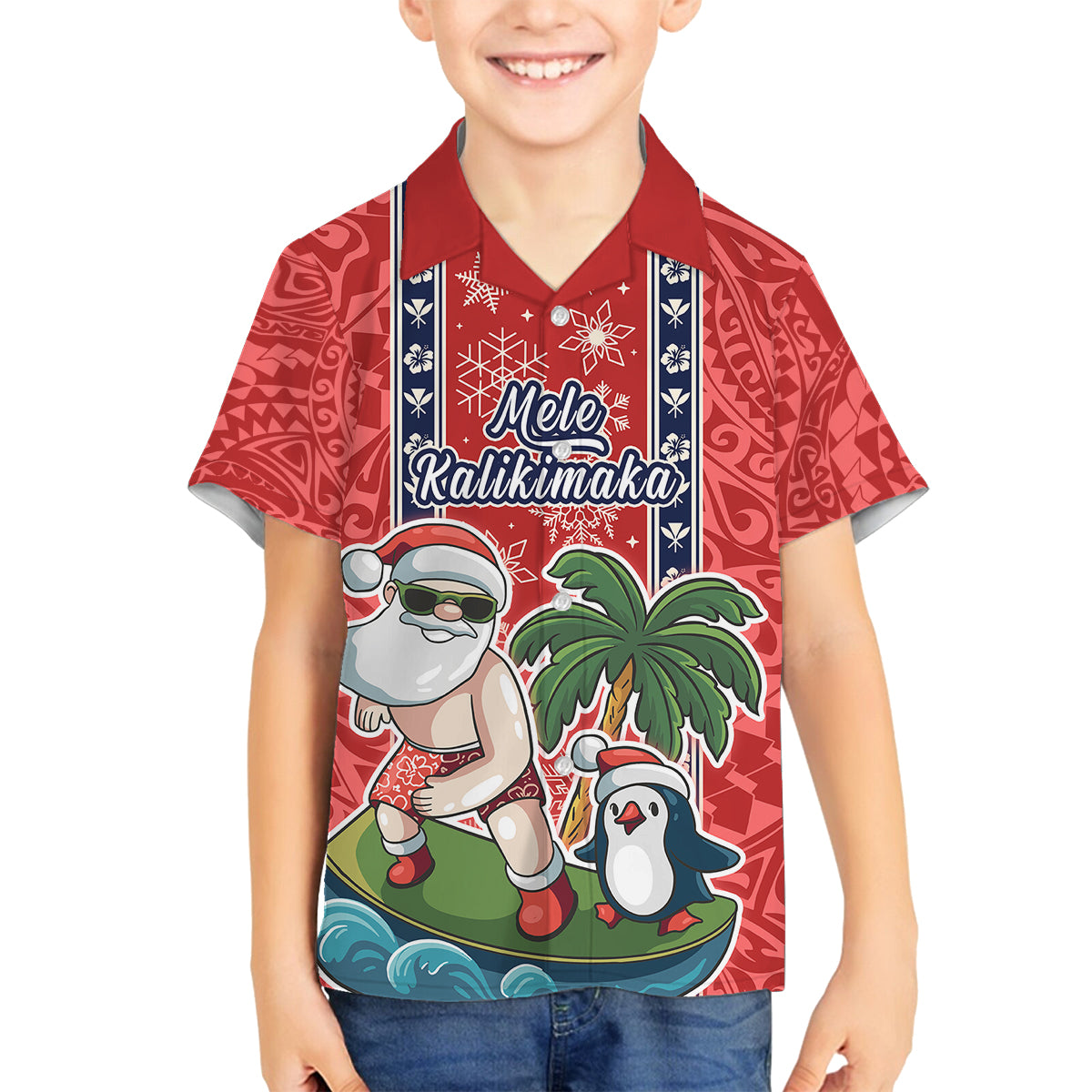 Custom Hawaii Christmas Family Matching Off Shoulder Maxi Dress and Hawaiian Shirt The Santa Surfing Hawaii Xmas Style LT03 Son's Shirt Red - Polynesian Pride