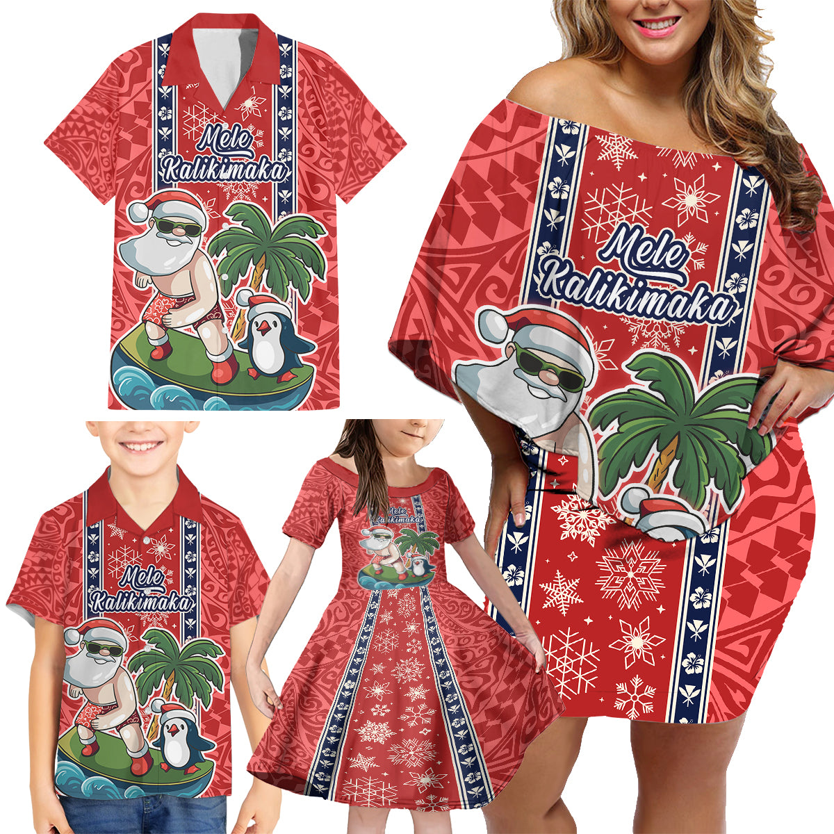 Custom Hawaii Christmas Family Matching Off Shoulder Short Dress and Hawaiian Shirt The Santa Surfing Hawaii Xmas Style LT03 - Polynesian Pride