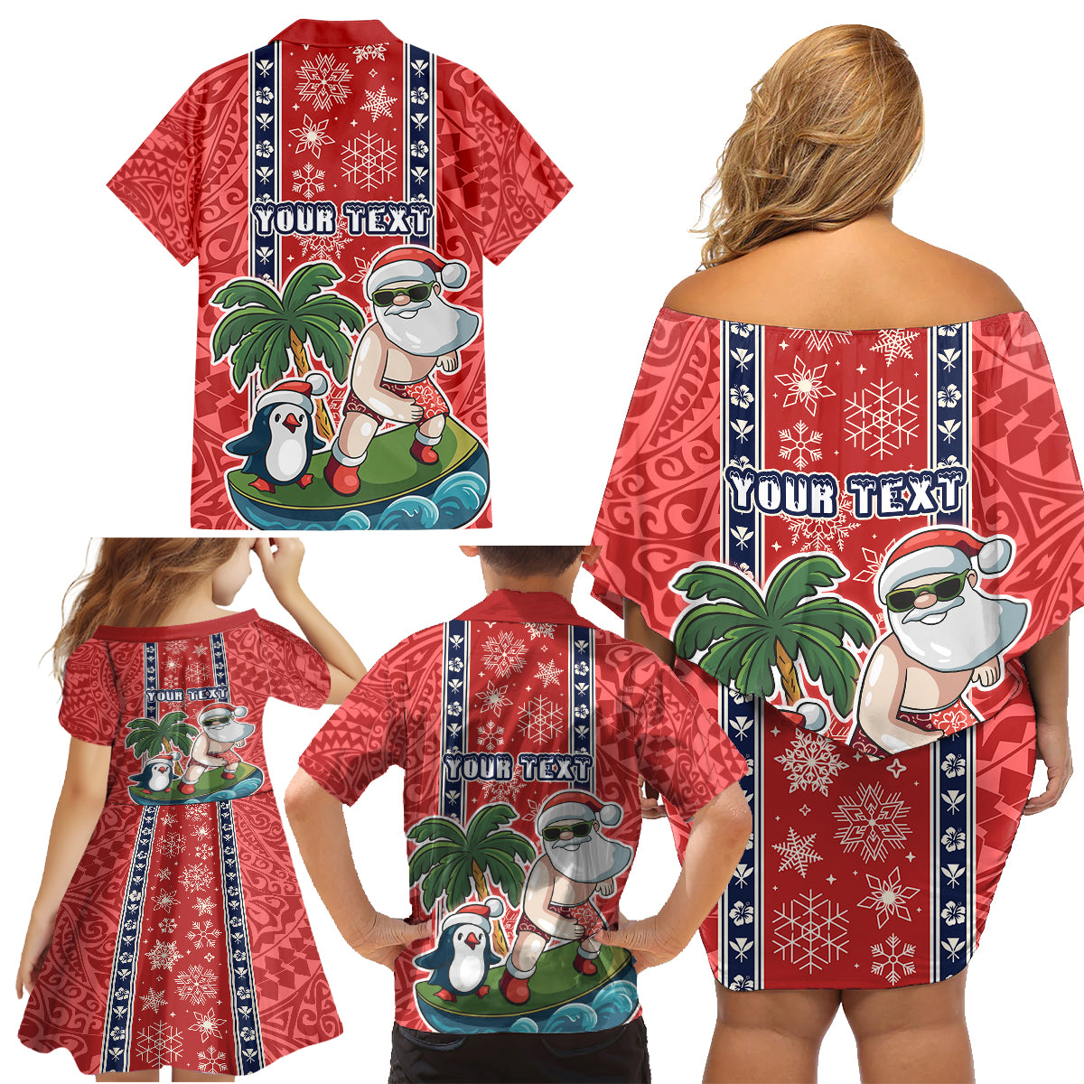 Custom Hawaii Christmas Family Matching Off Shoulder Short Dress and Hawaiian Shirt The Santa Surfing Hawaii Xmas Style LT03 - Polynesian Pride
