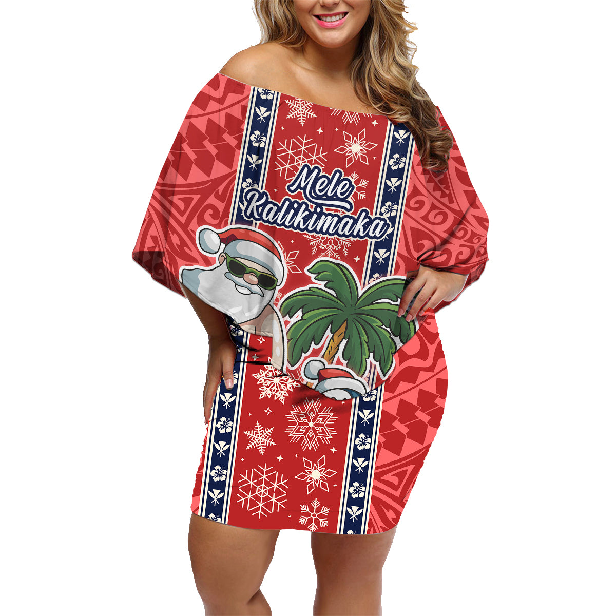 Custom Hawaii Christmas Family Matching Off Shoulder Short Dress and Hawaiian Shirt The Santa Surfing Hawaii Xmas Style LT03 Mom's Dress Red - Polynesian Pride