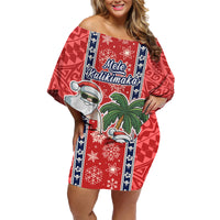 Custom Hawaii Christmas Family Matching Off Shoulder Short Dress and Hawaiian Shirt The Santa Surfing Hawaii Xmas Style LT03 Mom's Dress Red - Polynesian Pride