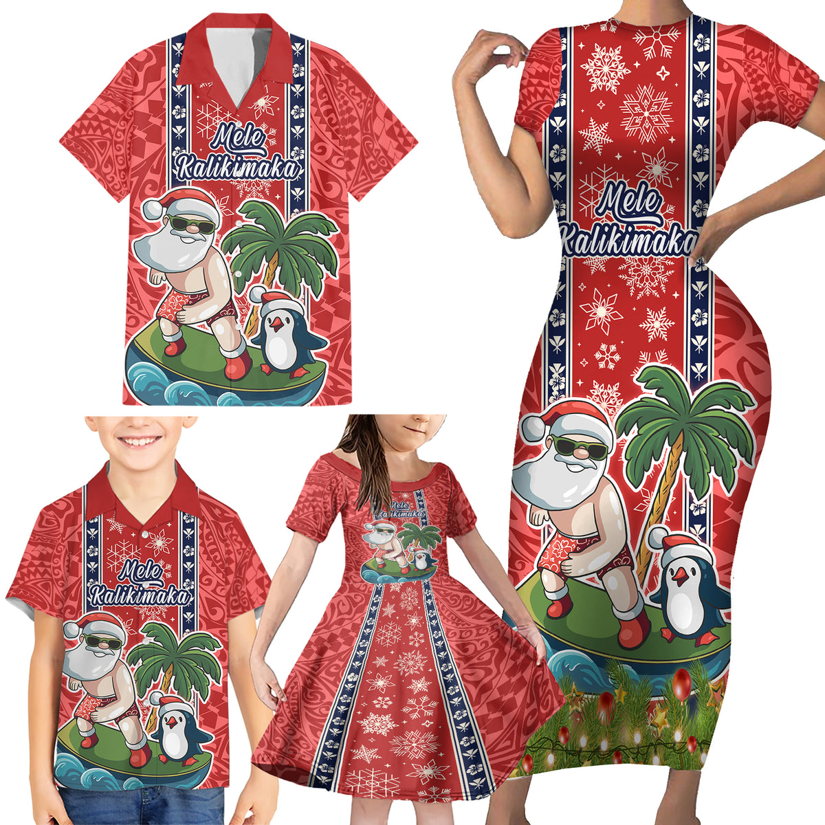 Custom Hawaii Christmas Family Matching Short Sleeve Bodycon Dress and Hawaiian Shirt The Santa Surfing Hawaii Xmas Style LT03 - Polynesian Pride