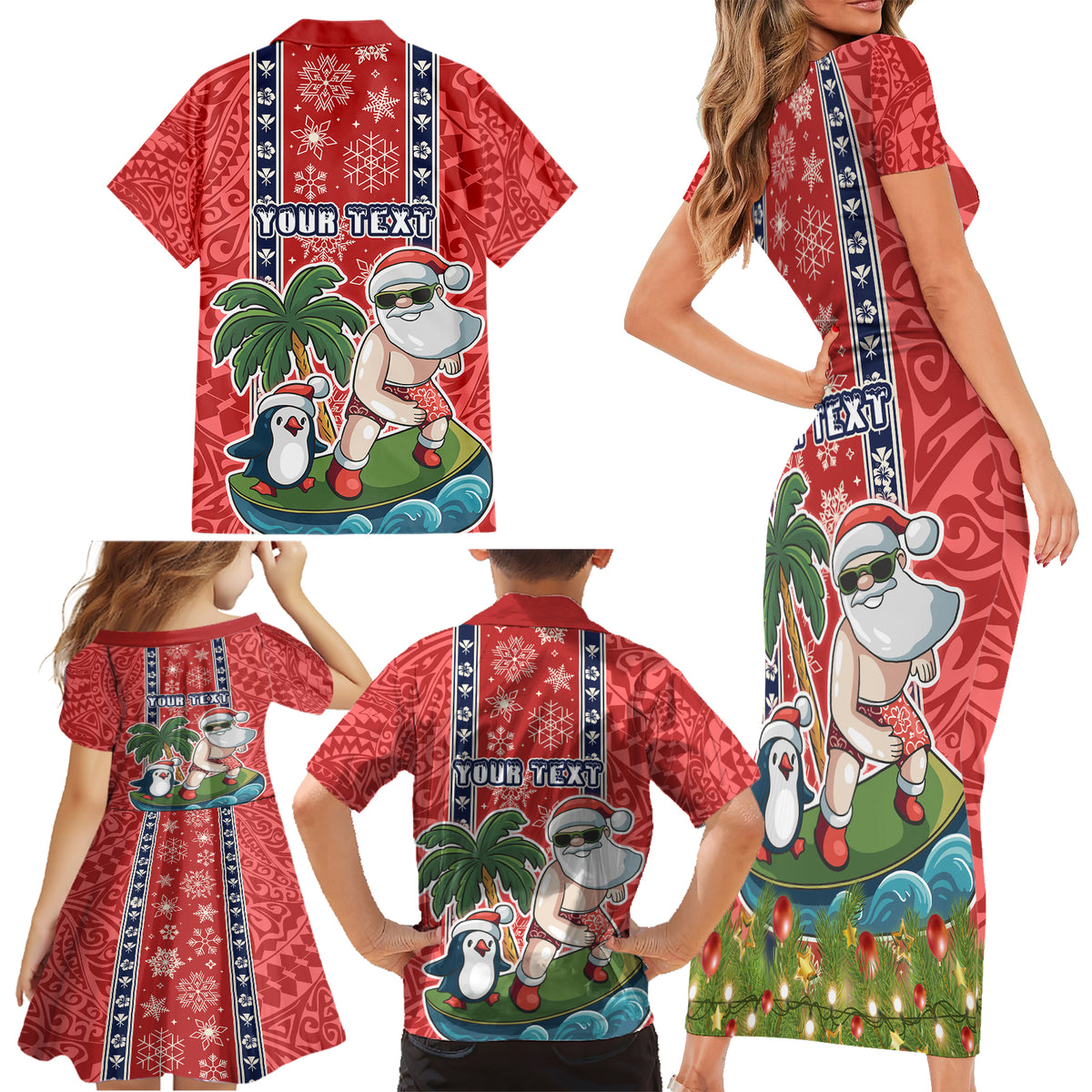 Custom Hawaii Christmas Family Matching Short Sleeve Bodycon Dress and Hawaiian Shirt The Santa Surfing Hawaii Xmas Style LT03 - Polynesian Pride
