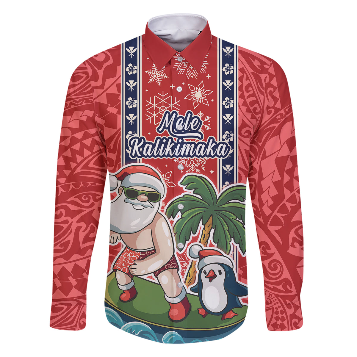Custom Hawaii Christmas Family Matching Short Sleeve Bodycon Dress and Hawaiian Shirt The Santa Surfing Hawaii Xmas Style LT03 Dad's Shirt - Long Sleeve Red - Polynesian Pride
