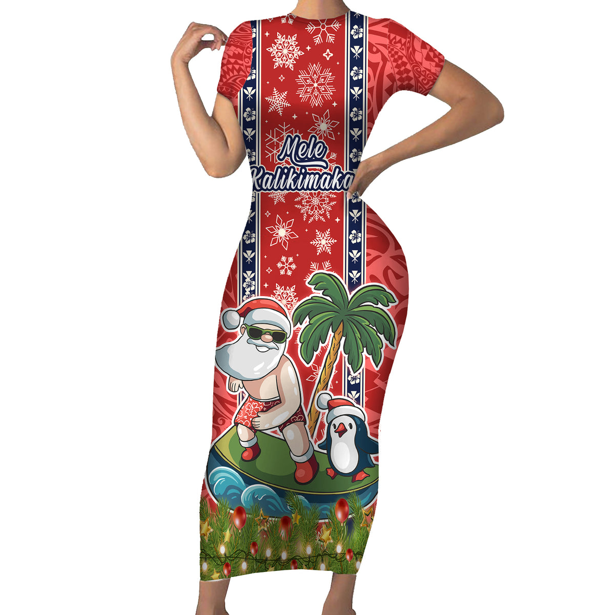 Custom Hawaii Christmas Family Matching Short Sleeve Bodycon Dress and Hawaiian Shirt The Santa Surfing Hawaii Xmas Style LT03 Mom's Dress Red - Polynesian Pride