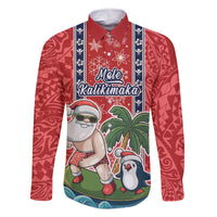 Custom Hawaii Christmas Family Matching Tank Maxi Dress and Hawaiian Shirt The Santa Surfing Hawaii Xmas Style LT03 Dad's Shirt - Long Sleeve Red - Polynesian Pride