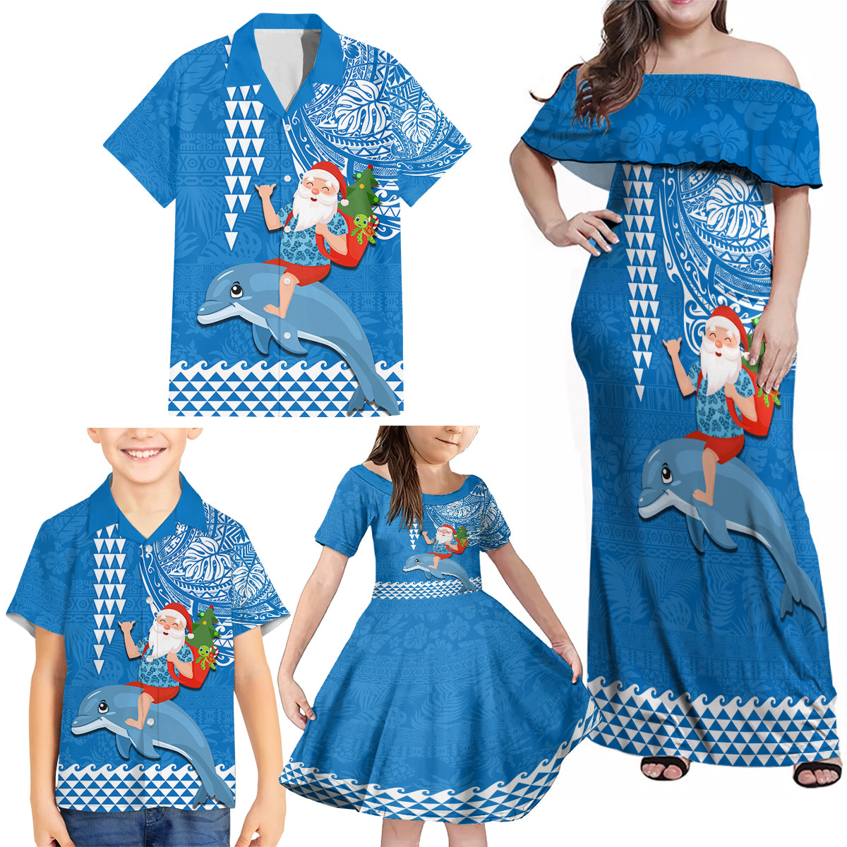 Hawaii Mele Kalikimaka Family Matching Off Shoulder Maxi Dress and Hawaiian Shirt Santa Riding The DolPhin Mix Kakau Pattern Blue Style LT03 - Polynesian Pride