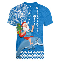 Hawaii Mele Kalikimaka Women V Neck T Shirt Santa Riding The DolPhin Mix Kakau Pattern Blue Style LT03 - Polynesian Pride