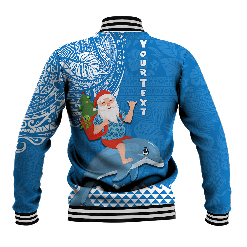 Custom Hawaii Mele Kalikimaka Baseball Jacket Santa Riding The DolPhin Mix Kakau Pattern Blue Style LT03 - Polynesian Pride