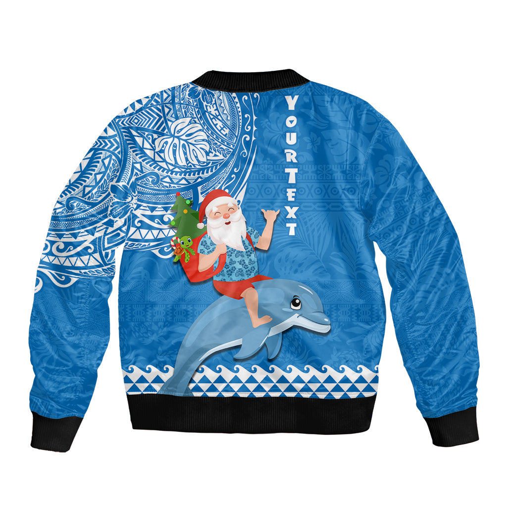 Custom Hawaii Mele Kalikimaka Bomber Jacket Santa Riding The DolPhin Mix Kakau Pattern Blue Style LT03 - Polynesian Pride