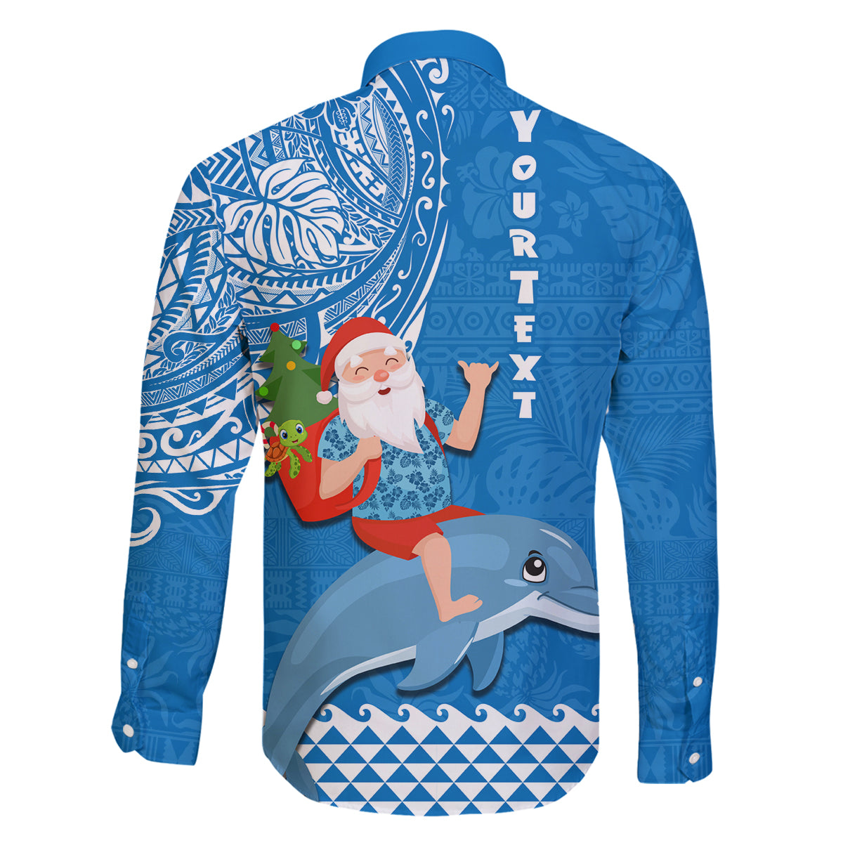Custom Hawaii Mele Kalikimaka Family Matching Long Sleeve Bodycon Dress and Hawaiian Shirt Santa Riding The DolPhin Mix Kakau Pattern Blue Style LT03 - Polynesian Pride