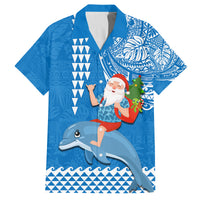 Custom Hawaii Mele Kalikimaka Family Matching Puletasi Dress and Hawaiian Shirt Santa Riding The DolPhin Mix Kakau Pattern Blue Style LT03 Dad's Shirt - Short Sleeve Blue - Polynesian Pride