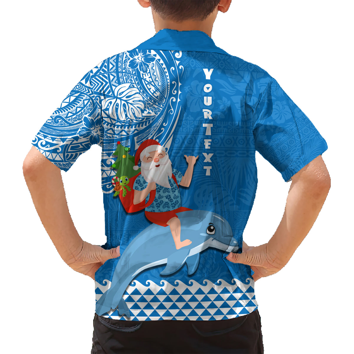 Custom Hawaii Mele Kalikimaka Family Matching Short Sleeve Bodycon Dress and Hawaiian Shirt Santa Riding The DolPhin Mix Kakau Pattern Blue Style LT03 - Polynesian Pride