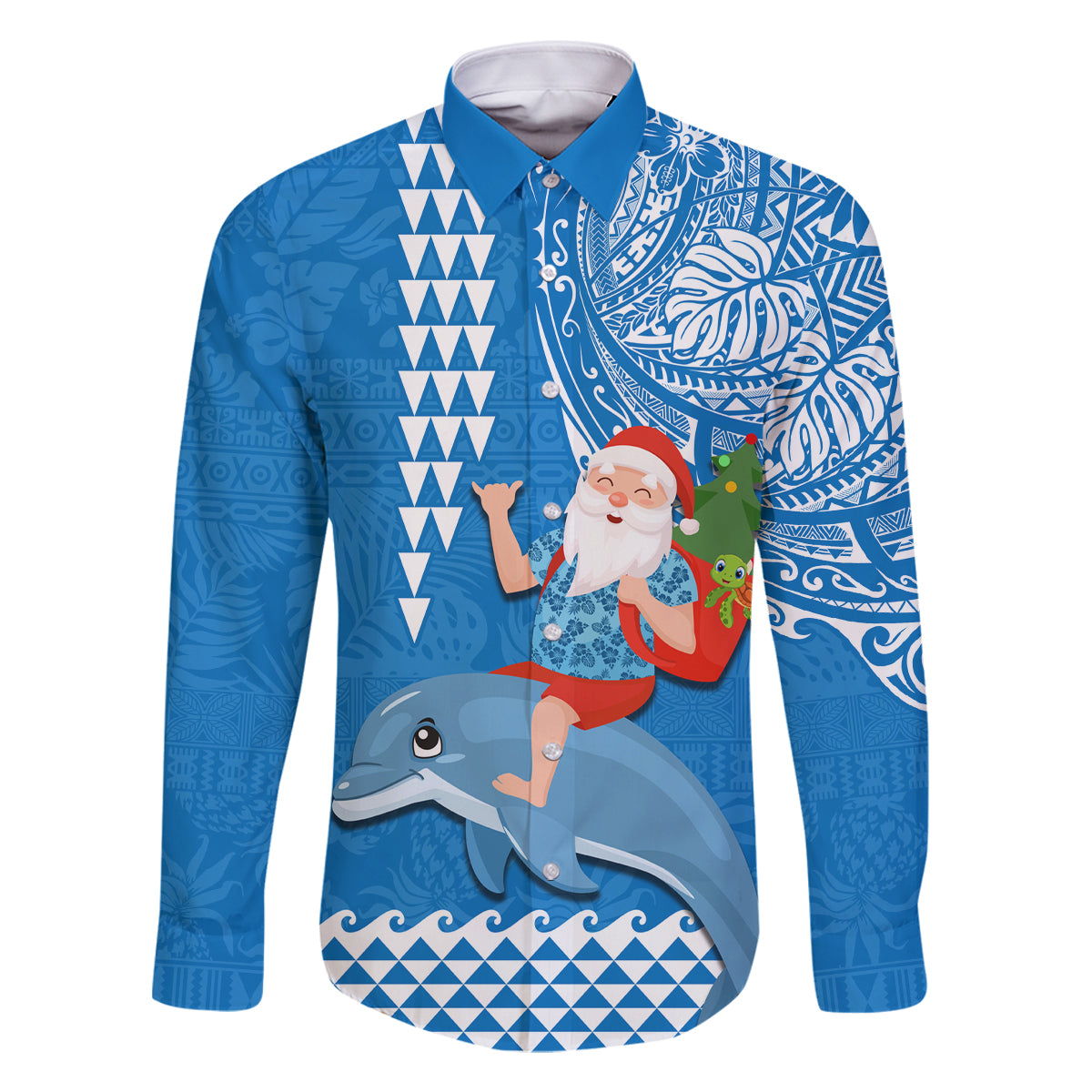 Custom Hawaii Mele Kalikimaka Family Matching Summer Maxi Dress and Hawaiian Shirt Santa Riding The DolPhin Mix Kakau Pattern Blue Style LT03 Dad's Shirt - Long Sleeve Blue - Polynesian Pride