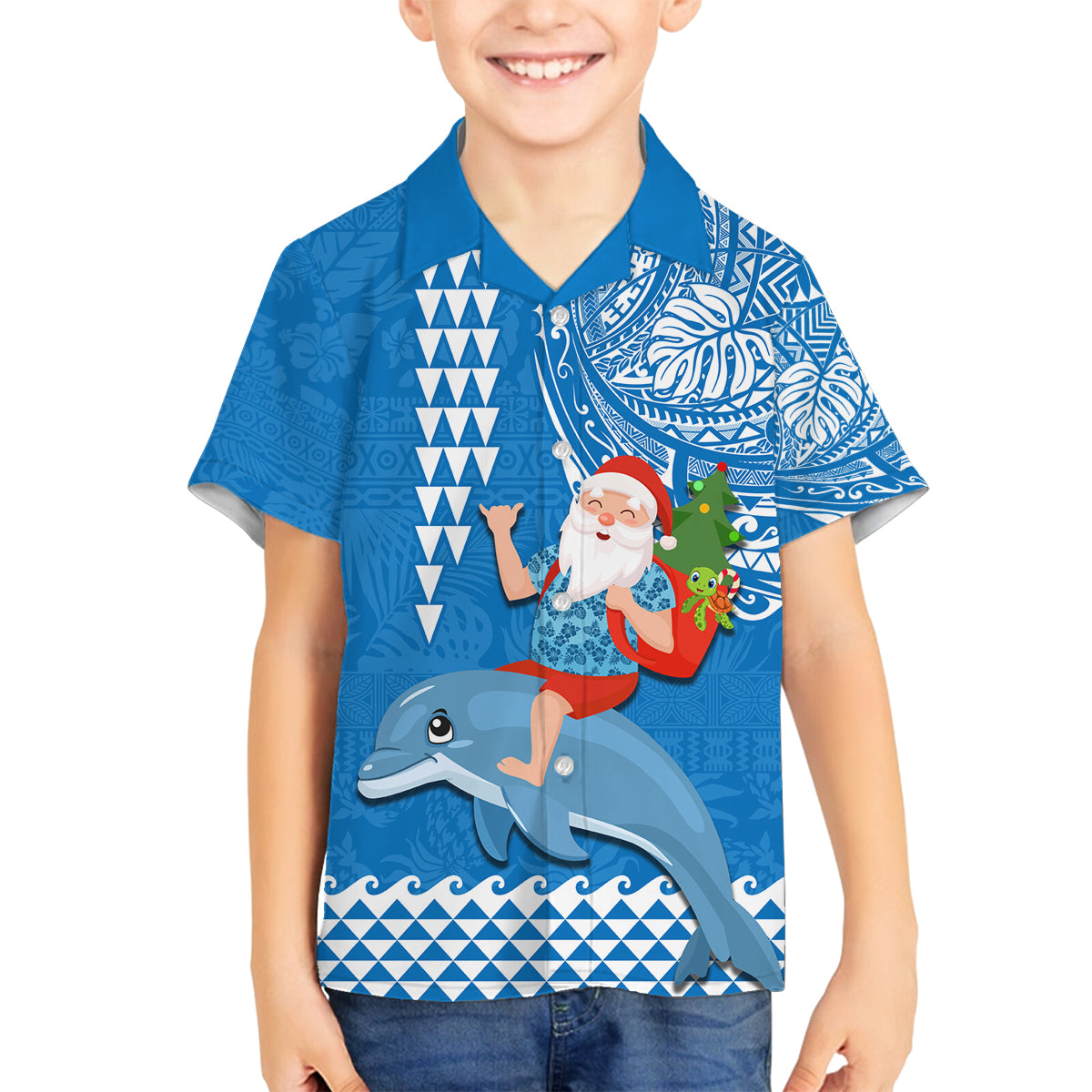 Custom Hawaii Mele Kalikimaka Family Matching Tank Maxi Dress and Hawaiian Shirt Santa Riding The DolPhin Mix Kakau Pattern Blue Style LT03 Son's Shirt Blue - Polynesian Pride