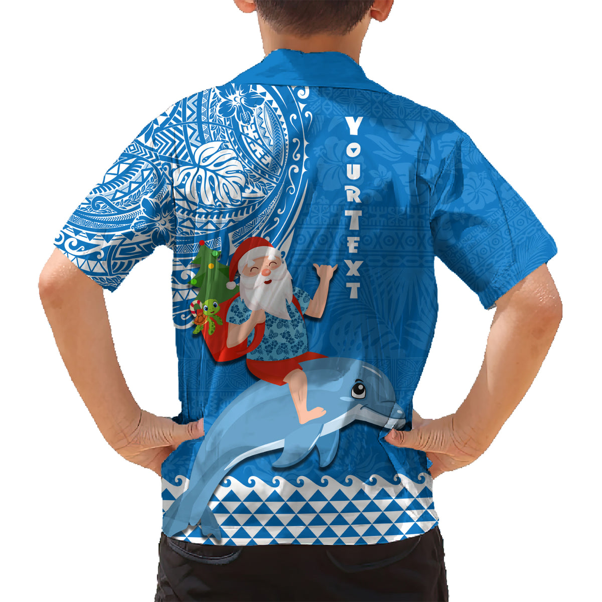 Custom Hawaii Mele Kalikimaka Kid Hawaiian Shirt Santa Riding The DolPhin Mix Kakau Pattern Blue Style LT03 - Polynesian Pride