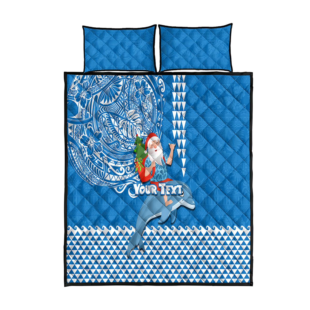 Custom Hawaii Mele Kalikimaka Quilt Bed Set Santa Riding The DolPhin Mix Kakau Pattern Blue Style LT03 Blue - Polynesian Pride