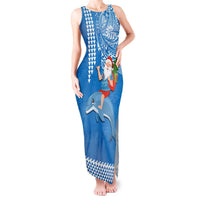 Custom Hawaii Mele Kalikimaka Tank Maxi Dress Santa Riding The DolPhin Mix Kakau Pattern Blue Style LT03 Women Blue - Polynesian Pride
