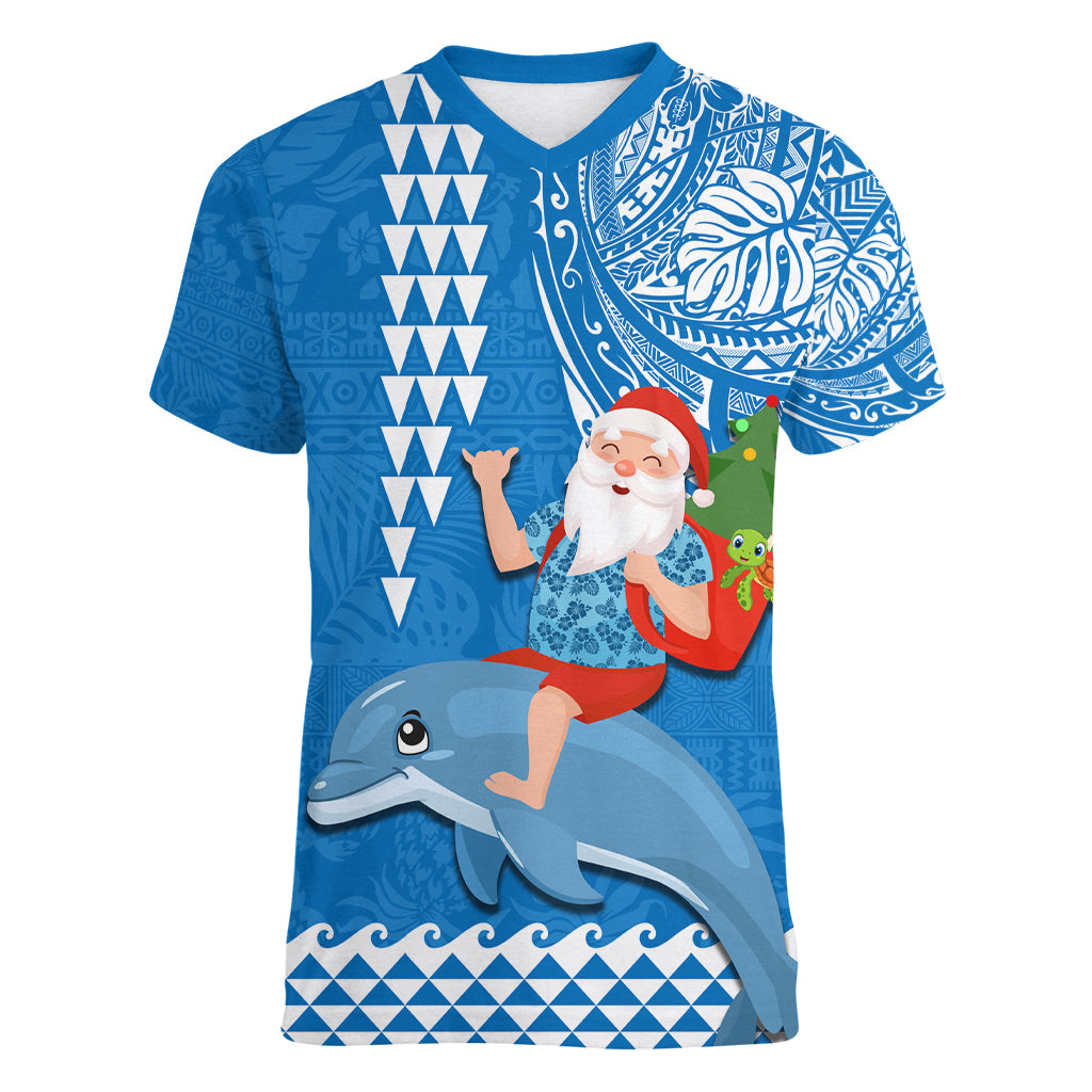 Custom Hawaii Mele Kalikimaka Women V Neck T Shirt Santa Riding The DolPhin Mix Kakau Pattern Blue Style LT03 Female Blue - Polynesian Pride