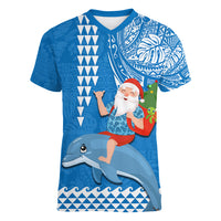 Custom Hawaii Mele Kalikimaka Women V Neck T Shirt Santa Riding The DolPhin Mix Kakau Pattern Blue Style LT03 Female Blue - Polynesian Pride