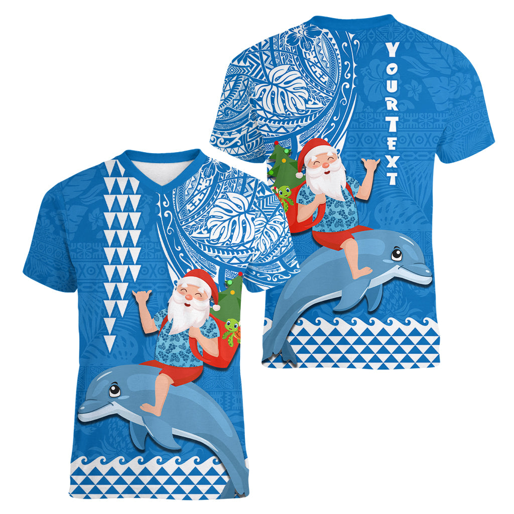 Custom Hawaii Mele Kalikimaka Women V Neck T Shirt Santa Riding The DolPhin Mix Kakau Pattern Blue Style LT03 - Polynesian Pride