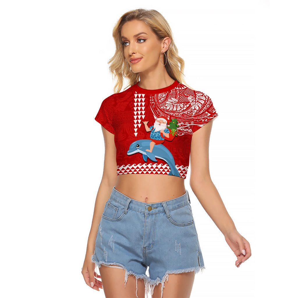 Hawaii Mele Kalikimaka Raglan Cropped T Shirt Santa Riding The DolPhin Mix Kakau Pattern Red Style LT03 Female Red - Polynesian Pride