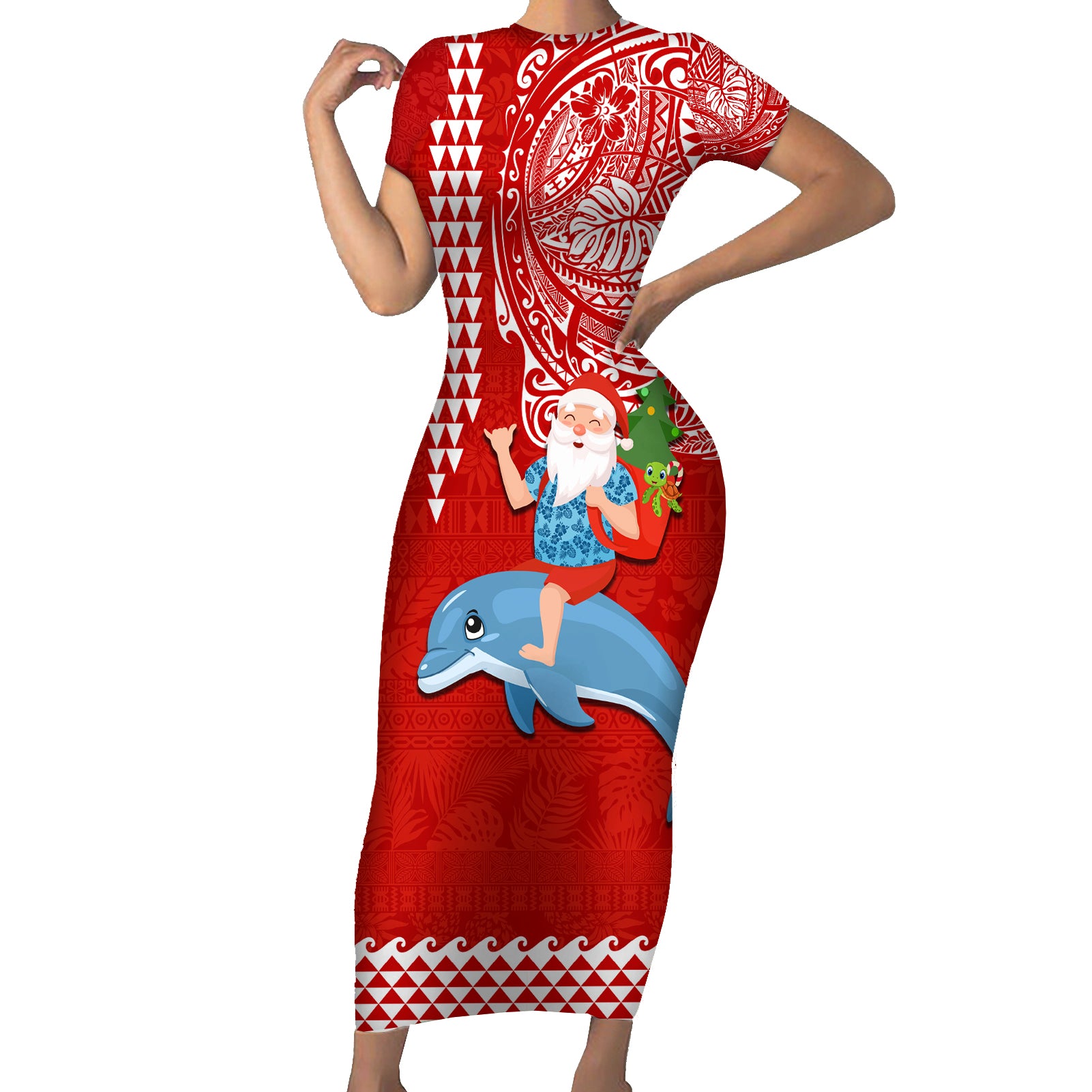 Hawaii Mele Kalikimaka Short Sleeve Bodycon Dress Santa Riding The DolPhin Mix Kakau Pattern Red Style LT03 Long Dress Red - Polynesian Pride