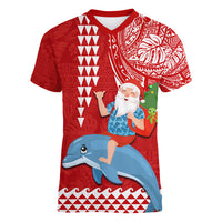 Hawaii Mele Kalikimaka Women V Neck T Shirt Santa Riding The DolPhin Mix Kakau Pattern Red Style LT03 Female Red - Polynesian Pride
