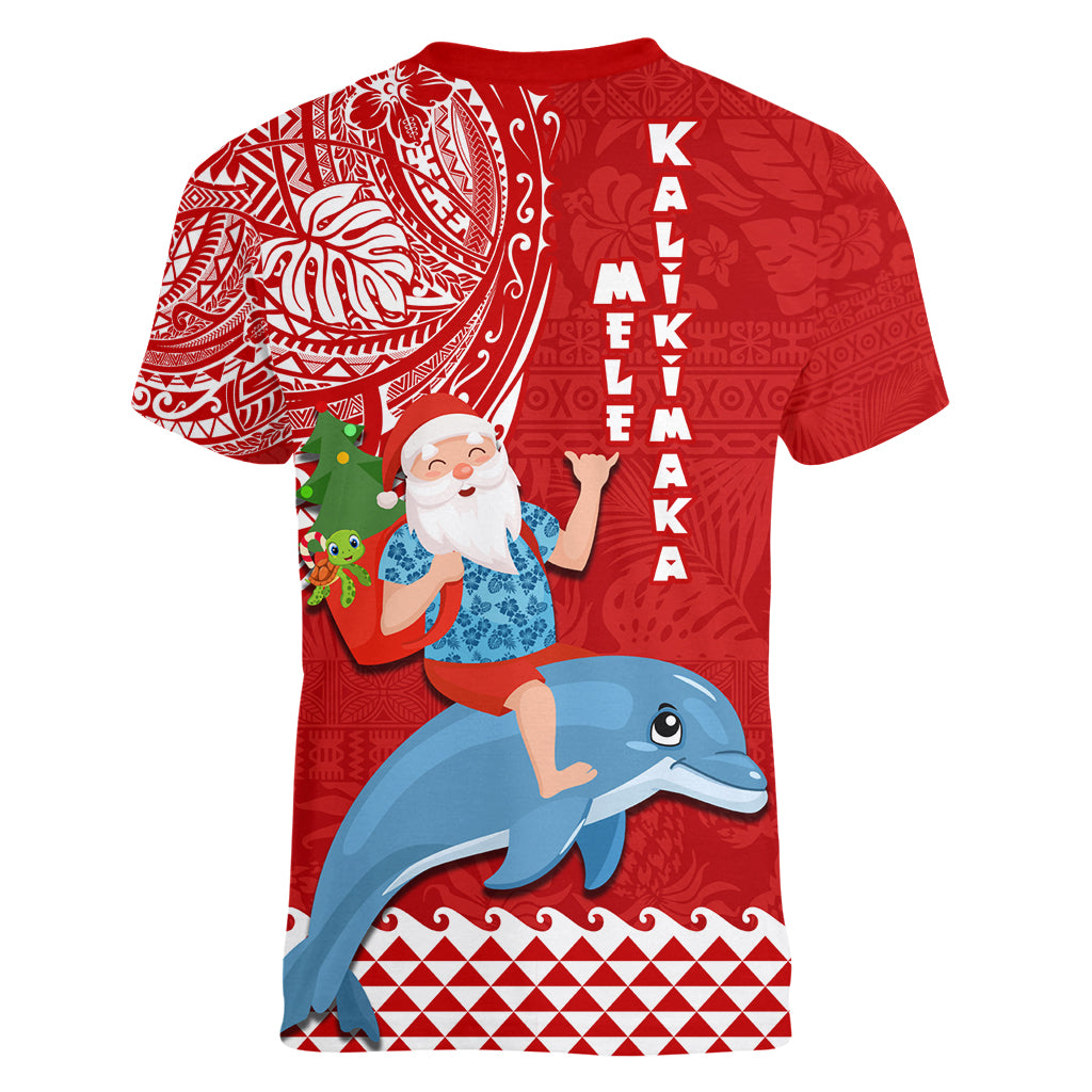 Hawaii Mele Kalikimaka Women V Neck T Shirt Santa Riding The DolPhin Mix Kakau Pattern Red Style LT03 - Polynesian Pride