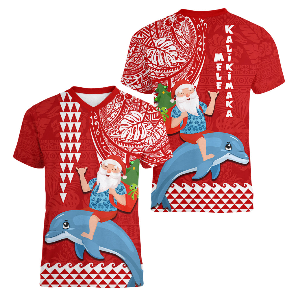Hawaii Mele Kalikimaka Women V Neck T Shirt Santa Riding The DolPhin Mix Kakau Pattern Red Style LT03 - Polynesian Pride