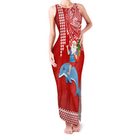 Custom Hawaii Mele Kalikimaka Family Matching Tank Maxi Dress and Hawaiian Shirt Santa Riding The DolPhin Mix Kakau Pattern Red Style LT03 Mom's Dress Red - Polynesian Pride