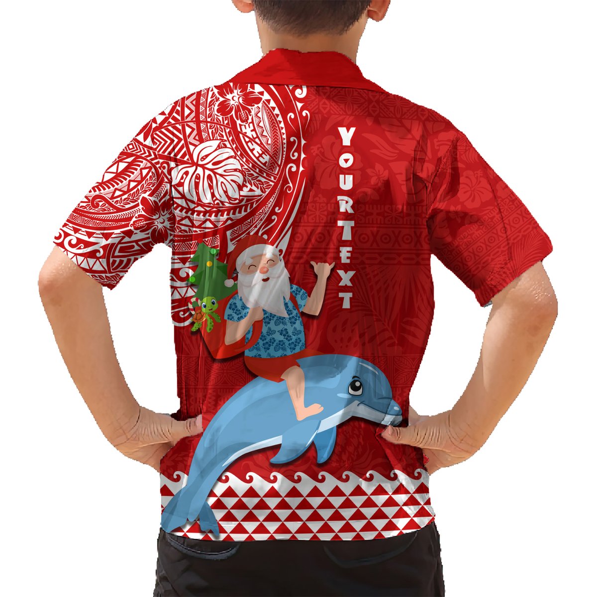Custom Hawaii Mele Kalikimaka Hawaiian Shirt Santa Riding The DolPhin Mix Kakau Pattern Red Style LT03 - Polynesian Pride