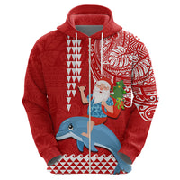 Custom Hawaii Mele Kalikimaka Hoodie Santa Riding The DolPhin Mix Kakau Pattern Red Style LT03 - Polynesian Pride