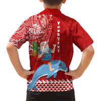 Custom Hawaii Mele Kalikimaka Kid Hawaiian Shirt Santa Riding The DolPhin Mix Kakau Pattern Red Style LT03 - Polynesian Pride
