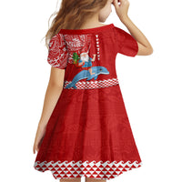 Custom Hawaii Mele Kalikimaka Kid Short Sleeve Dress Santa Riding The DolPhin Mix Kakau Pattern Red Style LT03 - Polynesian Pride