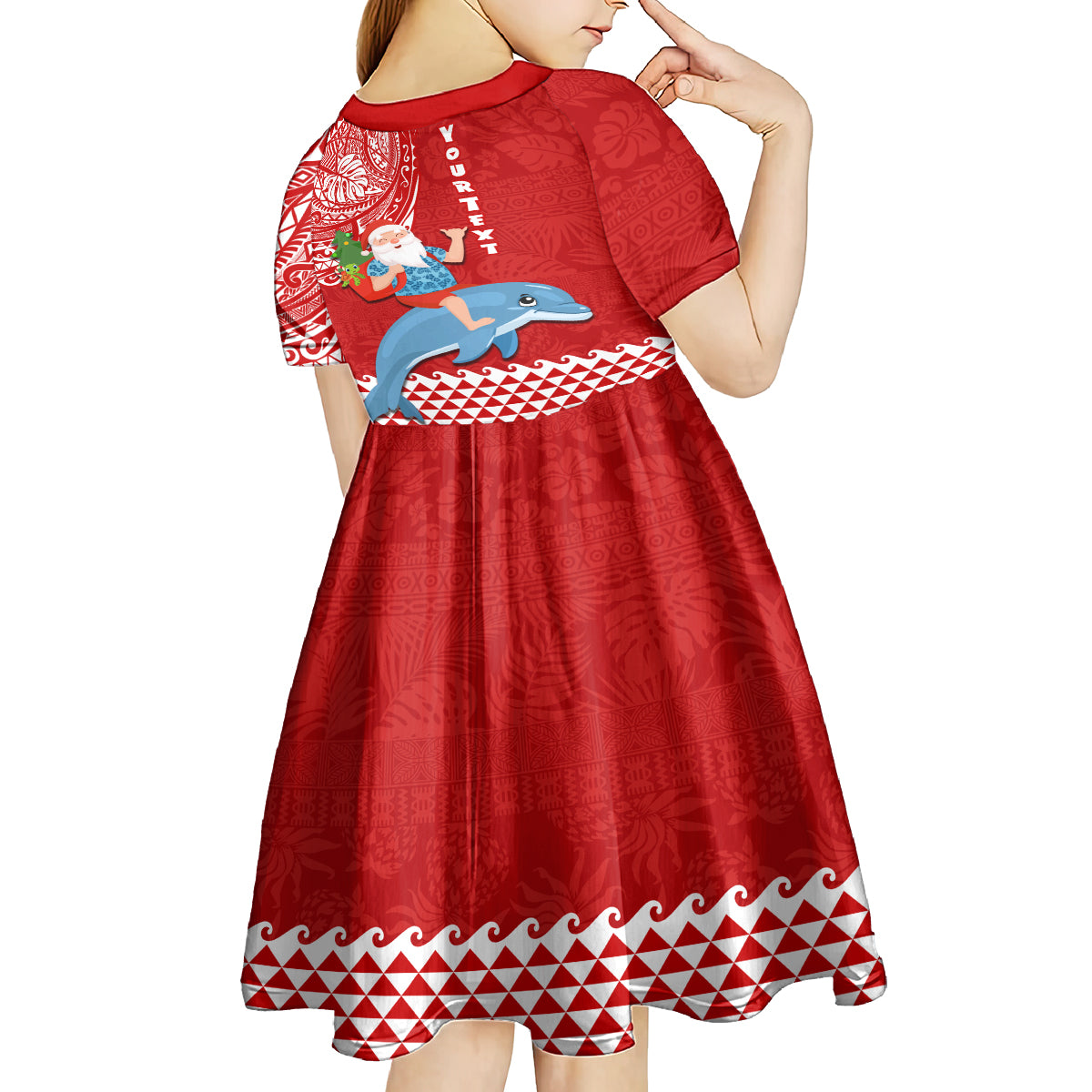 Custom Hawaii Mele Kalikimaka Kid Short Sleeve Dress Santa Riding The DolPhin Mix Kakau Pattern Red Style LT03 - Polynesian Pride