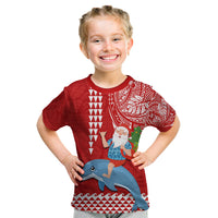 Custom Hawaii Mele Kalikimaka Kid T Shirt Santa Riding The DolPhin Mix Kakau Pattern Red Style LT03 Red - Polynesian Pride