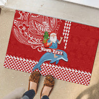 Custom Hawaii Mele Kalikimaka Rubber Doormat Santa Riding The DolPhin Mix Kakau Pattern Red Style LT03 - Polynesian Pride