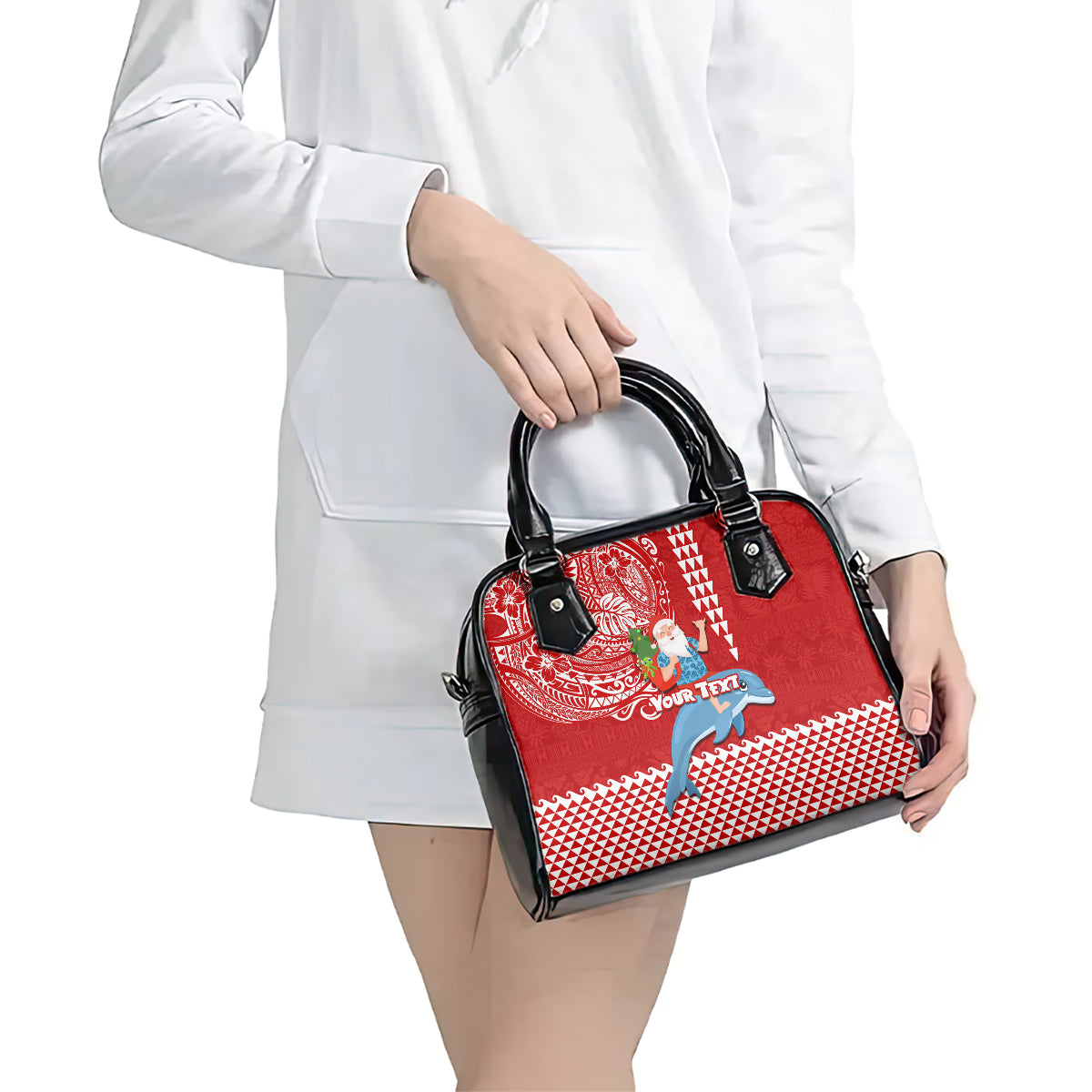 Custom Hawaii Mele Kalikimaka Shoulder Handbag Santa Riding The DolPhin Mix Kakau Pattern Red Style LT03 - Polynesian Pride
