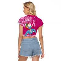 Hawaii Mele Kalikimaka Raglan Cropped T Shirt Santa Riding The DolPhin Mix Kakau Pattern Pink Style LT03 - Polynesian Pride