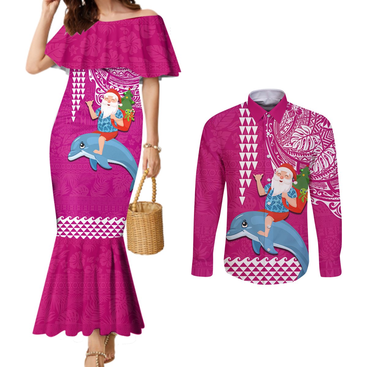 Custom Hawaii Mele Kalikimaka Couples Matching Mermaid Dress and Long Sleeve Button Shirt Santa Riding The DolPhin Mix Kakau Pattern Pink Style LT03 Pink - Polynesian Pride