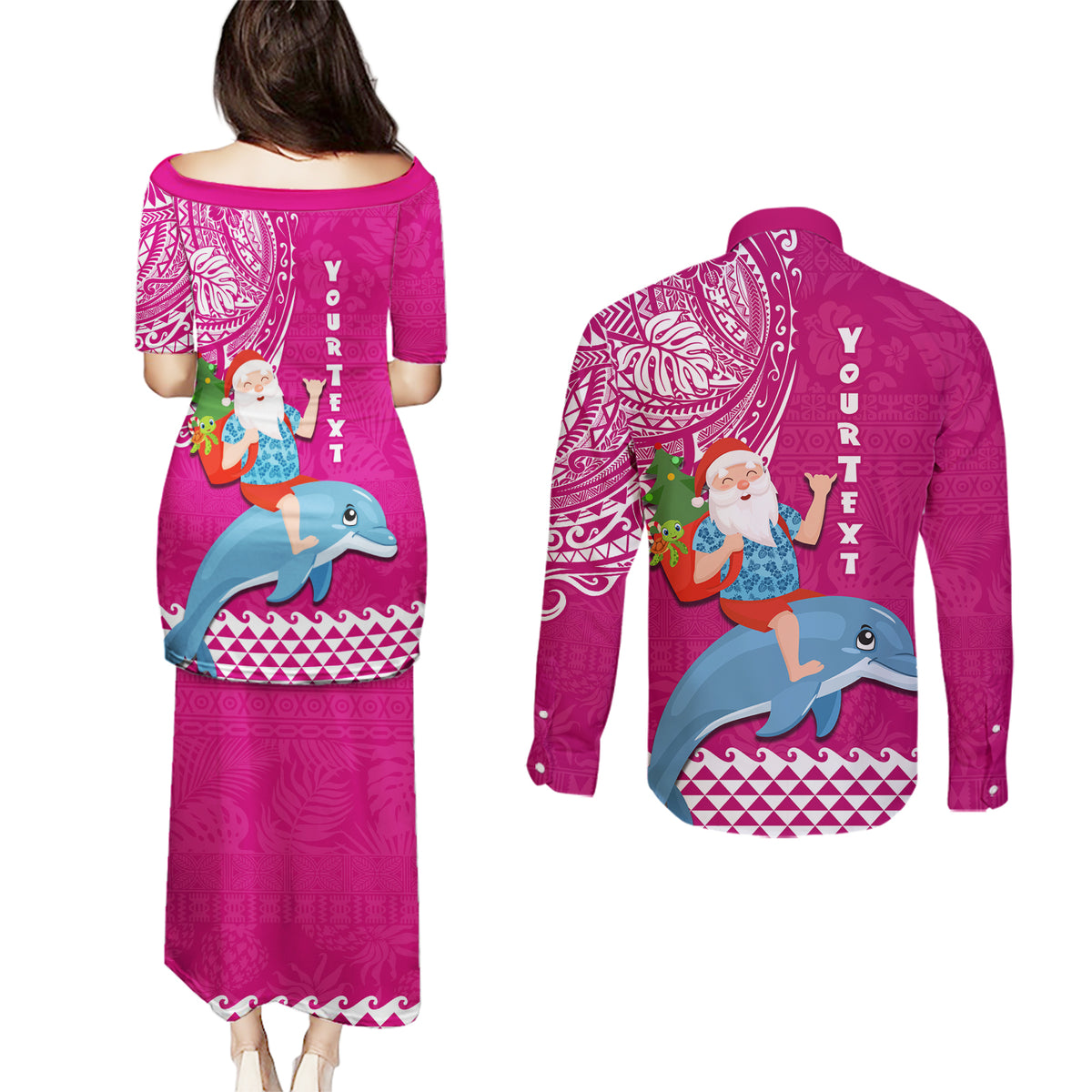 Custom Hawaii Mele Kalikimaka Couples Matching Puletasi Dress and Long Sleeve Button Shirt Santa Riding The DolPhin Mix Kakau Pattern Pink Style LT03 - Polynesian Pride