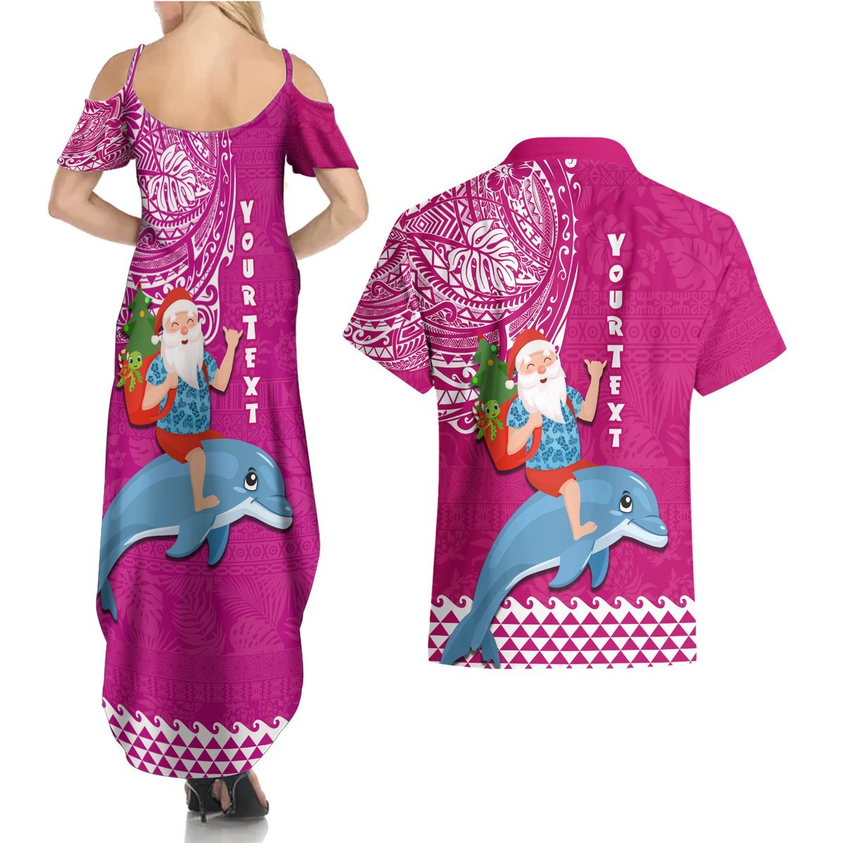 Custom Hawaii Mele Kalikimaka Couples Matching Summer Maxi Dress and Hawaiian Shirt Santa Riding The DolPhin Mix Kakau Pattern Pink Style LT03 - Polynesian Pride