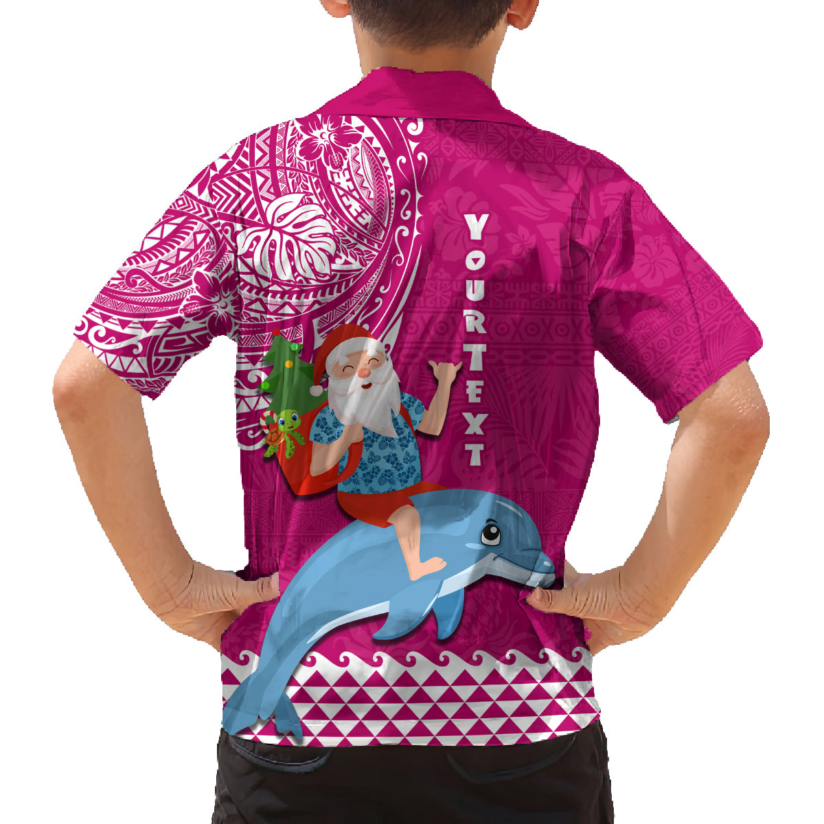 Custom Hawaii Mele Kalikimaka Family Matching Tank Maxi Dress and Hawaiian Shirt Santa Riding The DolPhin Mix Kakau Pattern Pink Style LT03 - Polynesian Pride