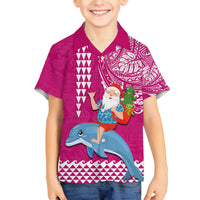 Custom Hawaii Mele Kalikimaka Family Matching Tank Maxi Dress and Hawaiian Shirt Santa Riding The DolPhin Mix Kakau Pattern Pink Style LT03 Son's Shirt Pink - Polynesian Pride