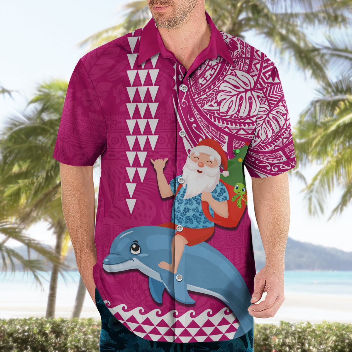Custom Hawaii Mele Kalikimaka Hawaiian Shirt Santa Riding The DolPhin Mix Kakau Pattern Pink Style LT03 - Polynesian Pride