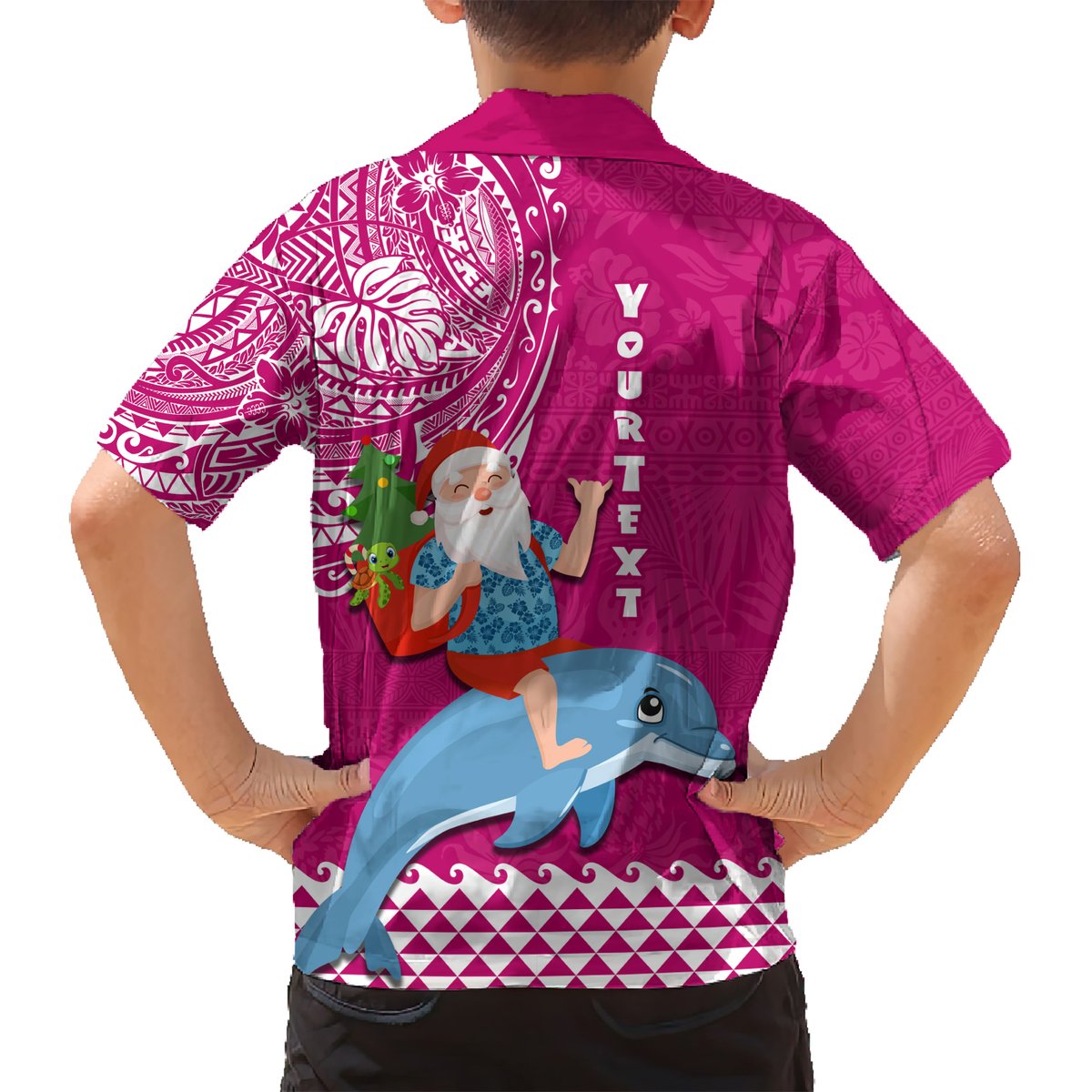 Custom Hawaii Mele Kalikimaka Hawaiian Shirt Santa Riding The DolPhin Mix Kakau Pattern Pink Style LT03 - Polynesian Pride