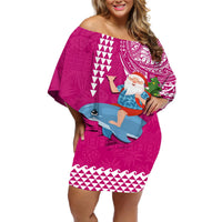 Custom Hawaii Mele Kalikimaka Off Shoulder Short Dress Santa Riding The DolPhin Mix Kakau Pattern Pink Style LT03 Women Pink - Polynesian Pride