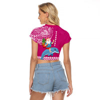 Custom Hawaii Mele Kalikimaka Raglan Cropped T Shirt Santa Riding The DolPhin Mix Kakau Pattern Pink Style LT03 - Polynesian Pride