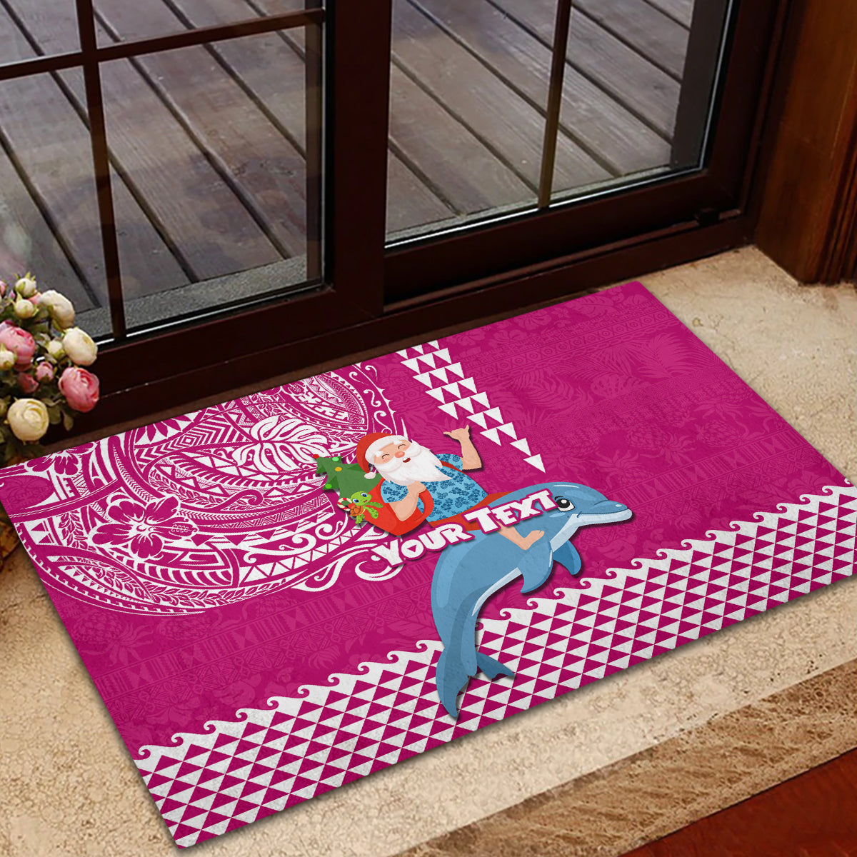 Custom Hawaii Mele Kalikimaka Rubber Doormat Santa Riding The DolPhin Mix Kakau Pattern Pink Style LT03 - Polynesian Pride